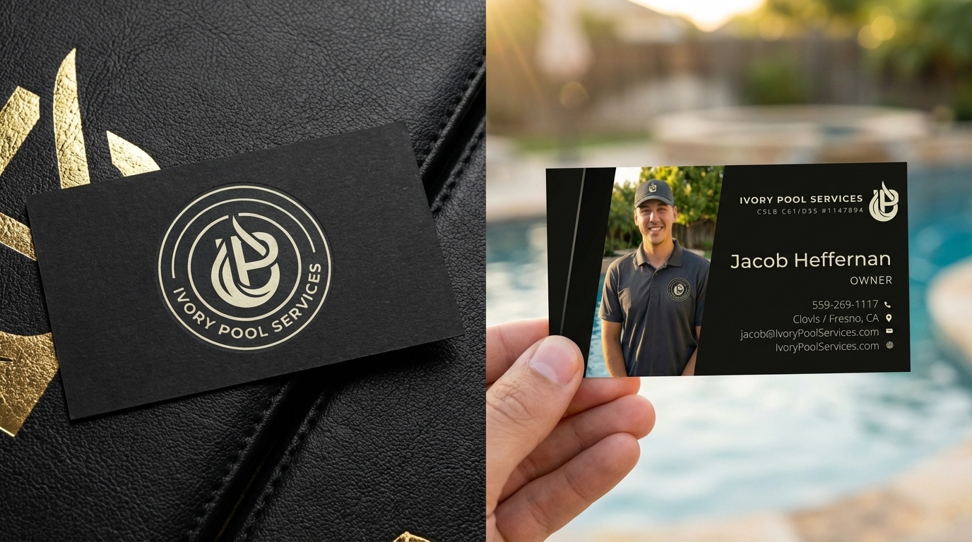 Ivory Pool Services business cards — front and back